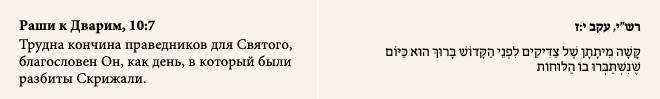 Раши к Дварим, 10:7 Трудна кончина праведников для Святого, благословен Он, как день, в который были разбиты Скрижали.