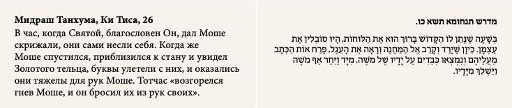 Мидраш Танхума, Ки Тиса, 26 В час, когда Святой, благословен Он, дал Моше скрижали, они сами несли себя. Когда же Моше спустился, приблизился к стану и увидел Золотого тельца, буквы улетели с них, и оказались они тяжелы для рук Моше. Тотчас «возгорелся гнев Моше, и он бросил их из рук своих».