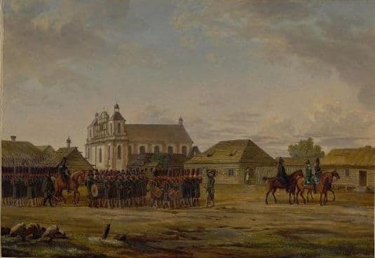 НЕДАВНО ОБНАРУЖЕННАЯ КАРТИНА: ПЕЙЗАЖ ДЕРЕВНИ ЛЮБАВИЧИ В 5572 (1812) ГОДУ, ВО ВРЕМЕНА АЛЬТЕР РЕБЕ. НА КАРТИНЕ ИЗОБРАЖЕНЫ НАПОЛЕОНОВСКИЕ ВОЙСКА НА ФОНЕ МЕСТА, КОТОРОЕ ДВА ГОДА СПУСТЯ СТАНЕТ «ДВОРОМ» МИТЕЛЕР РЕБЕ.